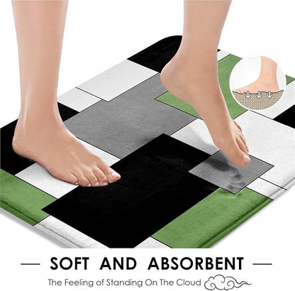 Bathroom Sets with Shower Curtain and Rugs, 4 Pcs, Geometric Sage | Modern Checkered Abstract Bathroom Decor Set with Toilet Lid Cover, Non-Slip Bath Mats and Accessories 12 Hooks