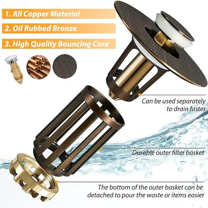 Anlige 3 in 1 Pop Up Bathroom Sink Stopper, Bathroom Sink Drain Strainer, with Removable Basket Hair Catcher, Universal Sink Plug Cover for 1.06 in to 1.6 in Drain, Oil Rubbed Bronze