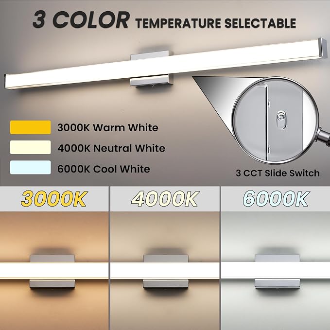 Modern LED Bathroom Vanity Light 48 inch 32W Dimmable 3CCT Bathroom Light Fixture Over Mirror Rectangle Bath Vanity Light Bar with Double Layer Acrylic Shade (Chrome)