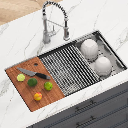 VEVOR 32 inch Kitchen Single Sink, 304 Stainless Steel Undermount Sink Drop-In Single Bowl Farmhouse Basin with Ledge & Multiple Accessories, Household Dishwasher Sinks for Prep Kitchen, Bar 32"*19"