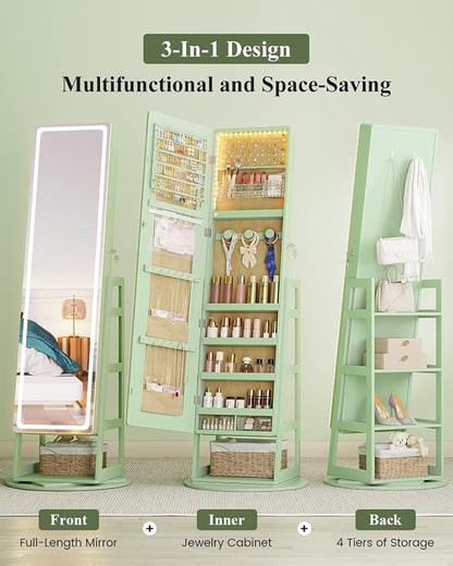 LVSOMT Standing Jewelry Cabinet Mirror with Adjustable LED Light Green | 63" Lockable Jewelry Armoire Organizer with 4 Rear Shelves & Hooks, 360° Swivel, for Bedroom, Living Room, Women Girls Gift