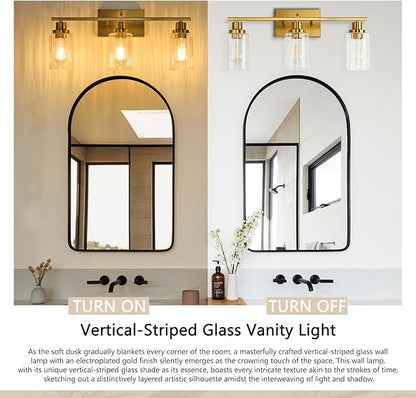 Jonsi 3 Light Brushed Gold Bathroom Vanity Lights with Fluted Glass Shade, Modern Gold Bathroom Lights Over Mirror