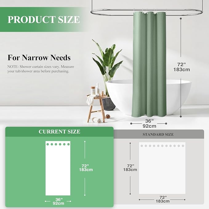 Stall Waffle Shower Curtain 256 GSM Heavy Fabric 36x72 Sage Green | Narrow Half Size, Thick Cloth, Weighted Hem, Water Repellent, Hotel Luxury Polyester Shower Curtain Set for Bathroom 6 Hooks