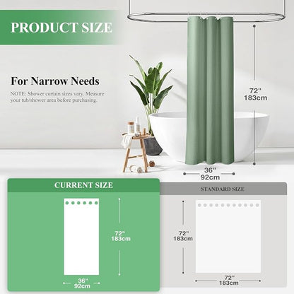 Stall Waffle Shower Curtain 256 GSM Heavy Fabric 36x72 Sage Green | Narrow Half Size, Thick Cloth, Weighted Hem, Water Repellent, Hotel Luxury Polyester Shower Curtain Set for Bathroom 6 Hooks