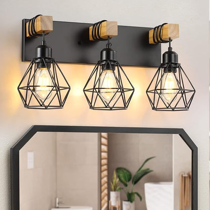 maesta 3 Light Bathroom Vanity Light, Farmhouse Black Fixture Over Mirror | Farmhouse Bathroom Light Fixtures, Wood & Metal, Anti-Rust, Easy to Install for Rustic Bathroom Hallway