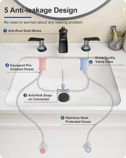 4-16 Inch Widespread Black Bathroom Faucet 3 Hole, Brass Waterfall Bathroom Sink Faucet 2 Handles with Pop-up Drain & cUPC Water Hoses for Vanity, Farmhouse, Lavatory