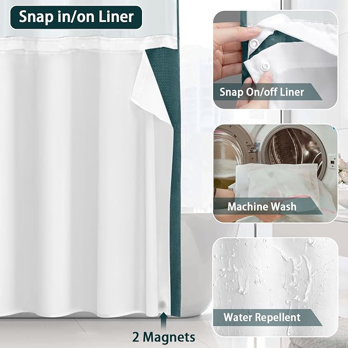 No Hook Shower Curtain and Liner Set,Seaweed Green Hotel Waffle Shower Curtain with Liner 75" L x 72" W