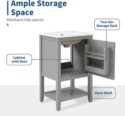 20" Bathroom Vanity Cabinet with Ceramic Sink Top Set, Freestanding, Two-Tier Storage Rack, Soft Closing Door, Grey