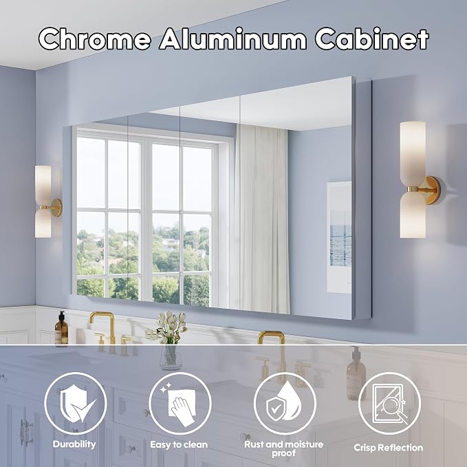 80" x 36" Bathroom Medicine Cabinet with Mirror, Anodized Chrome Aluminum Frame, Surface Mount or Recessed Medicine Cabinet with Mirror, Bathroom Mirror with Storage, Four Doors