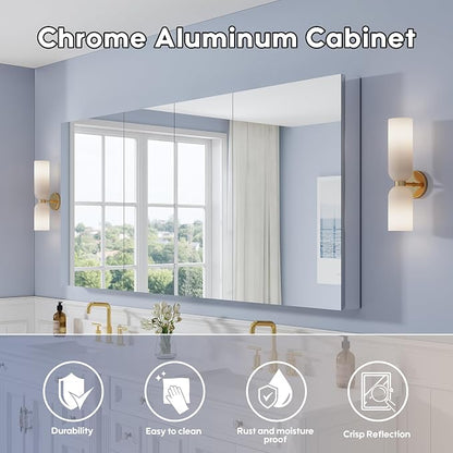 80" x 36" Bathroom Medicine Cabinet with Mirror, Anodized Chrome Aluminum Frame, Surface Mount or Recessed Medicine Cabinet with Mirror, Bathroom Mirror with Storage, Four Doors