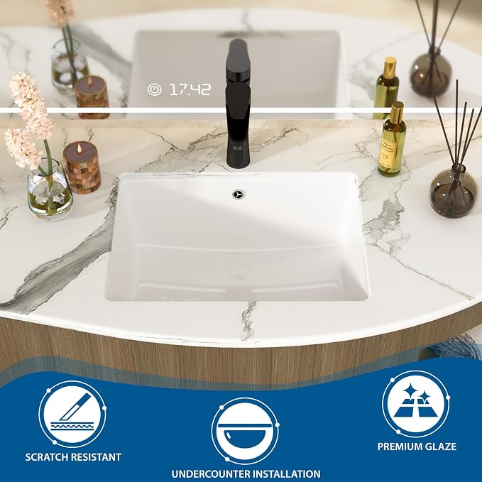 White Undermount Bathroom Sink 20.1"x14.6"Ceramic Basin | Modern Porcelain Under Counter Bathroom Vanity Sink, Interior Bowl 17.9"x 12.4", Rectangular Undermount Basin with Overflow