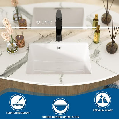 White Undermount Bathroom Sink 20.1"x14.6"Ceramic Basin | Modern Porcelain Under Counter Bathroom Vanity Sink, Interior Bowl 17.9"x 12.4", Rectangular Undermount Basin with Overflow