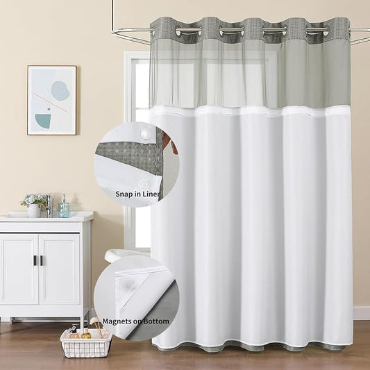 Colorful Star Waffle Weave No Hook Shower Curtain Set, 72 x 81 Inch, Grey | Heavy Duty Thick Shower Curtain Sets with Snap in Fabric Liner and Mesh Top Window, Hotel Style Waterproof Bathroom Curtain