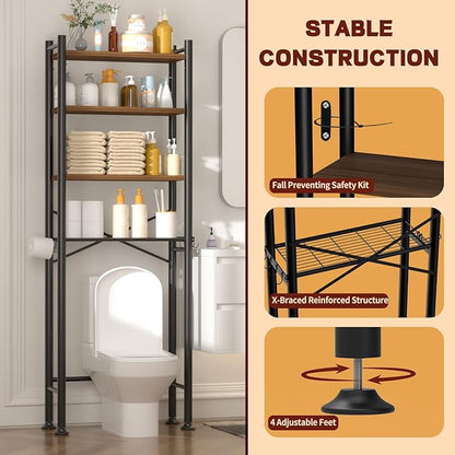 4-Tier Over Toilet Storage with Anti-Tilt Safety System - 150lb Total Capacity Metal Bathroom Shelves Including Paper Holder & 4 Hooks, Space Saving Above Commode Organizer (69.3" H, Brown)
