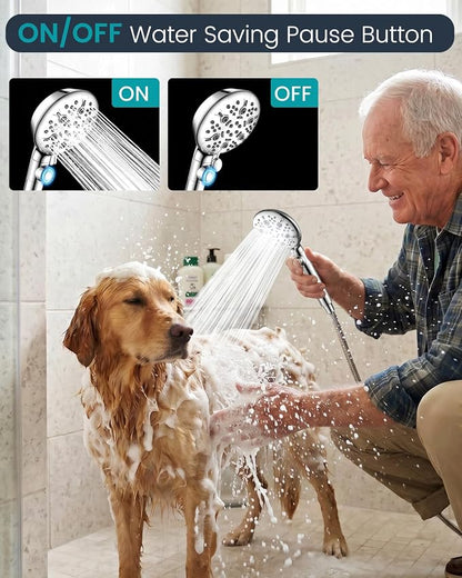 Shower Head with Handhled High Pressure Hand held Showerhead | 9 Modes, ON/OFF Switch Shower Heads with 71" Long Hose Built-in Power Wash, Bracket, Adhesive Shower Holder for Lower Mount