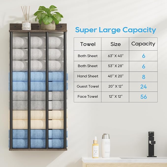 Wall Mounted 4-Bar Towel Rack with Wooden Shelf, Bathroom Storage Holder | Large Bathroom Towel Storage Rack for Rolled Towels, Classic Metal Towel Organizer Shelf with Wooden Storage Shelf