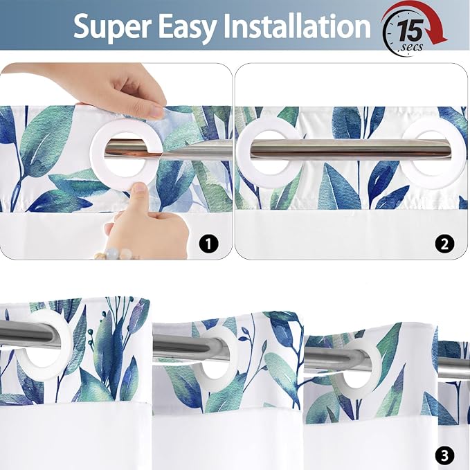 No Hook Shower Curtain and Liner Set, Blue Eucalyptus 71x74 | Floral Design, with Snap in Liner, Waterproof, Machine Washable, Quick-Drying, for Hotel Bathroom