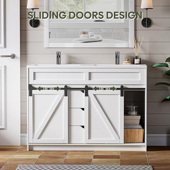 48 Inch Bathroom Vanity with Double Sink Combo, Farmhouse Bathroom Cabinet Set with Sliding Barn Door & 3 Drawers, Freestanding Bath Vanities, White