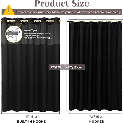 SORTTO No Hook Slub Shower Curtain with Liner, 71x77, Black | Snap in Liner, 3 in 1, Bamboo Texture, Hotel Style, Waterproof Fabric, Mesh Top Window, Corner Magnets, Machine Washable