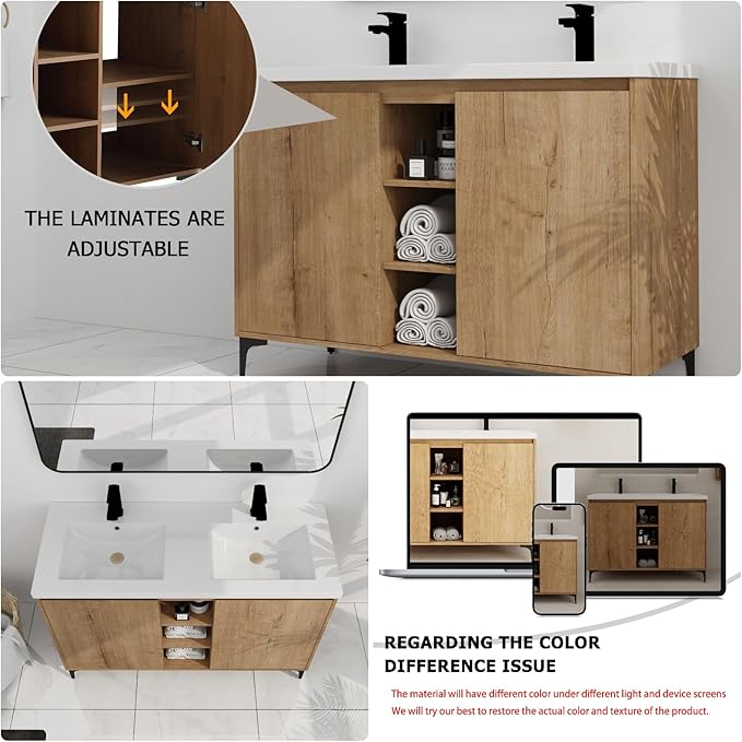 Freestanding Bathroom Vanity, 48" Bathroom Storage Cabinet with Double Resin Sinks, 2 Soft-Close Doors & 3 Open Storage Shelves, Floor Vanity with Adjustable Shelf & Black Tripod Base, Oak