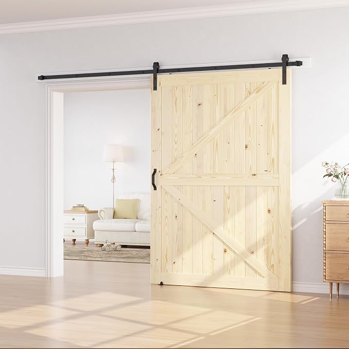 SmartStandard 60in x 84in Sliding Barn Wood Door, Natural, Fit 10FT Rail | Pre-Drilled Ready to Assemble, DIY Unfinished Solid Spruce Wood Panelled Slab, Interior Single Door Only, K-Frame