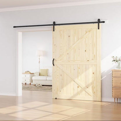 SmartStandard 60in x 84in Sliding Barn Wood Door, Natural, Fit 10FT Rail | Pre-Drilled Ready to Assemble, DIY Unfinished Solid Spruce Wood Panelled Slab, Interior Single Door Only, K-Frame