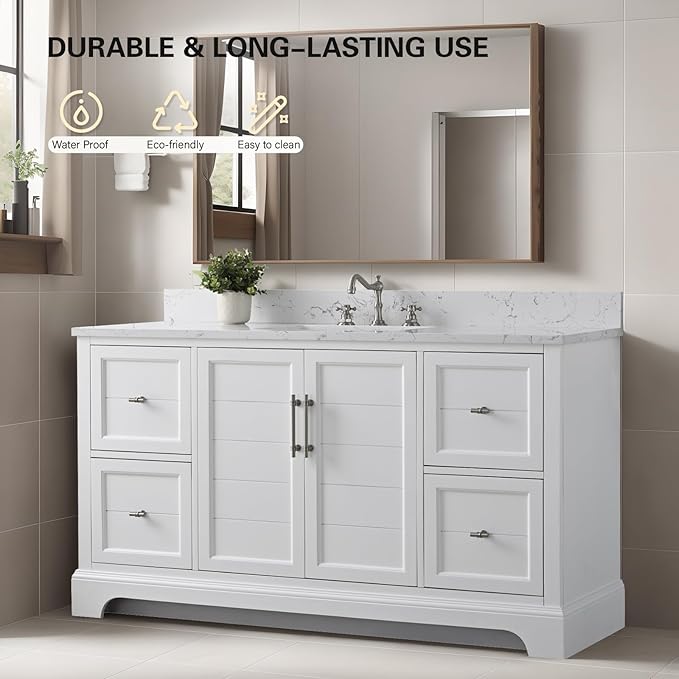 HOMEBEYOND 60 Inch Bathroom Vanity with Single Sink & Ceramic Top, Vanity Cabinet with Center Countertop Basin, Soft-Closing Doors, Backsplash, White