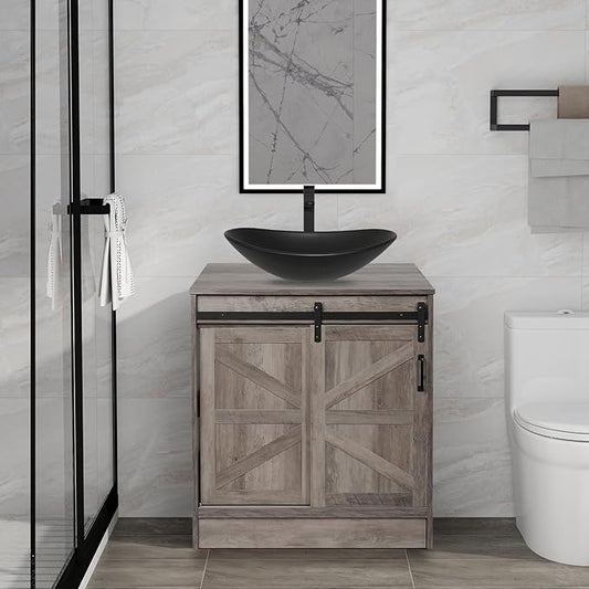 30 Inch Barn Door Bathroom Vanity, Farmhouse Style Standing Pedestal Cabinet with Black Ceramic Boat Sink