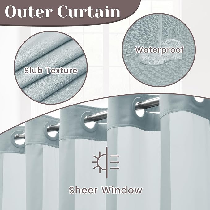 SORTTO No Hook Slub Shower Curtain with Liner, 71x74, Blue | Snap in Liner, 3 in 1, Bamboo Texture, Hotel Style, Waterproof Fabric, Mesh Top Window, Corner Magnets, Machine Washable