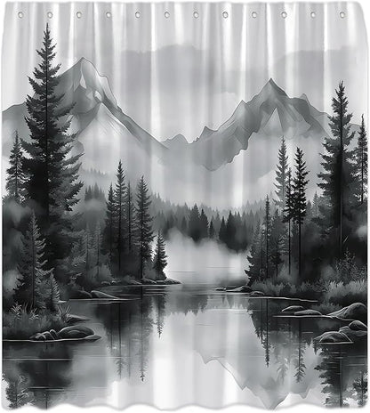 Black White Misty Forest Shower Curtain Mountain Foggy Pine Trees Landscape Watercolor Jungle Plant Rustic Nature Scenery Lake Fabric Bathroom Curtain Set with Hook