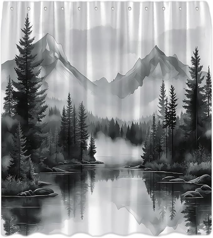 Black White Misty Forest Shower Curtain Mountain Foggy Pine Trees Landscape Watercolor Jungle Plant Rustic Nature Scenery Lake Fabric Bathroom Curtain Set with Hook