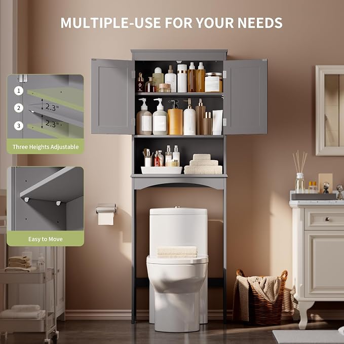Gizoon Over the Toilet Storage Cabinet with Adjustable Shelf, Grey | Bathroom Space Saver Organizer Above Toilet with Open Shelf and Double Doors, Taller Wooden Free Standing Toilet Rack
