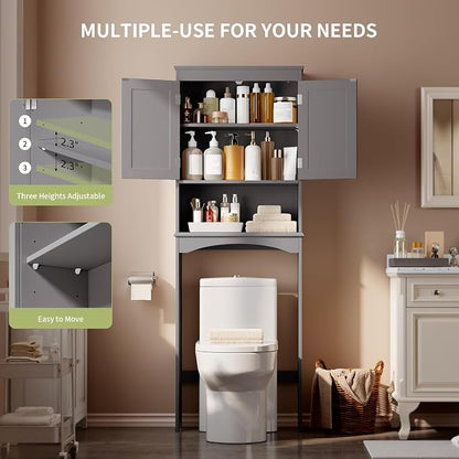Gizoon Over the Toilet Storage Cabinet with Adjustable Shelf, Grey | Bathroom Space Saver Organizer Above Toilet with Open Shelf and Double Doors, Taller Wooden Free Standing Toilet Rack