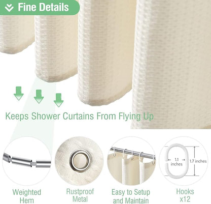 Extra Long Waffle Shower Curtain 256 GSM Fabric 72x96 Cream/Ivory | 96 Inch Tall, Thick Cloth, Weighted Hem, Water Repellent, Hotel Luxury Polyester Shower Curtain Set for Bathroom 12 Hooks