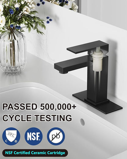 Midanya Bathroom Faucets 1 Hole, Single Handle Stainless Steel Bathroom Sink Faucet, Modern Vanity Faucets with Deck Plate,Water Supply Hoses and Pop Up Drain,Matte Black