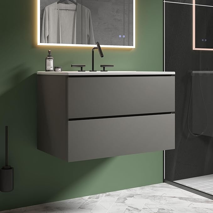 30" Bathroom Vanity with Sink, Modern Floating Vanity with Double Soft Closing Drawers, Large Storage for Small Space, Space Gray, Fully Assembled - Iris Collection
