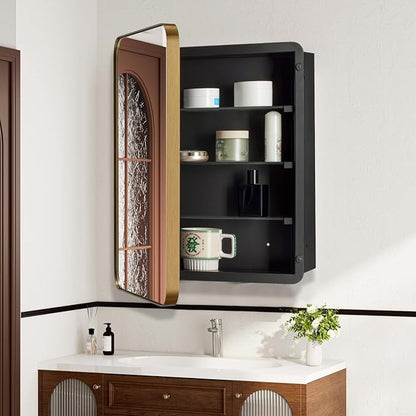 20’’x26’’ Medicine Cabinet,Metal Framed Medicine Cabinet Mirror with Round Corner,Recessed and Surface Mount Bathroom Mirror with Storage, Removeable Shelves,Gold