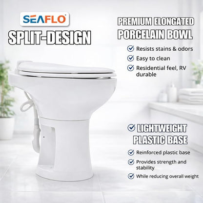 SEAFLO Porcelain RV Toilet with Sprayer Attachment - Elongated Bowl 19” Inch Residential Height, Gravity Flush, Foot Pedal Soft Close Seat Camper Motorhome Easy Install 4 -year Warranty SFRTCH-02-02