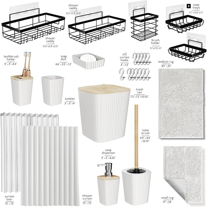 Clara Clark Bathroom Accessories Set - 27PC Bathroom Set with Adhesive Corner Shower Caddy Hanging, Bathroom Sets with Shower Curtain and Rugs, White Shower Curtain Set with Bathroom Trash Can | 27 Piece Bathroom Sets with Shower Curtain and Rugs with ...