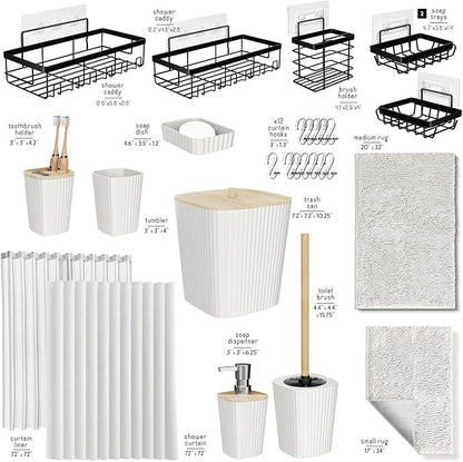 Clara Clark Bathroom Accessories Set - 27PC Bathroom Set with Adhesive Corner Shower Caddy Hanging, Bathroom Sets with Shower Curtain and Rugs, White Shower Curtain Set with Bathroom Trash Can | 27 Piece Bathroom Sets with Shower Curtain and Rugs with ...