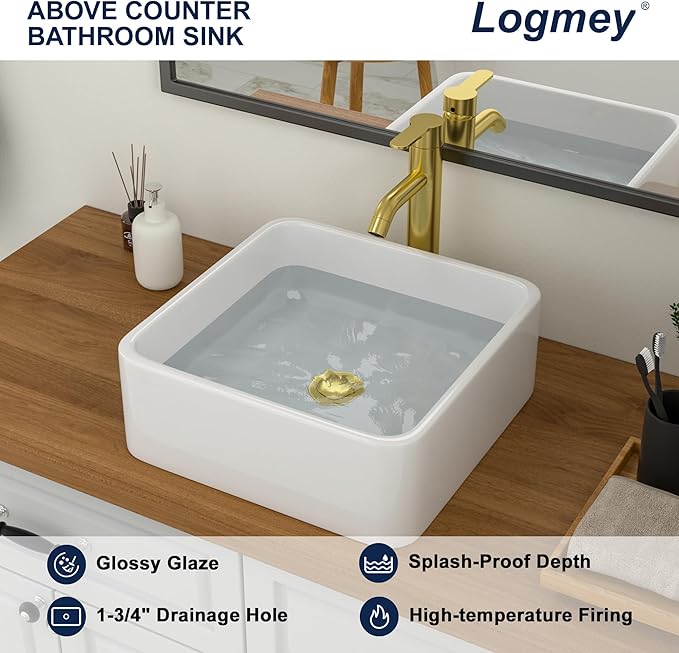 Logmey 15 Inch Bathroom Vessel Sink 15x15 Square Small White Vessel Sink for Bathroom Sink Above Counter Porcelain Ceramic Vanity Art Countertop Sink