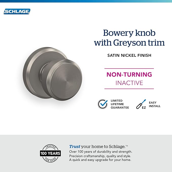 Schlage F170 BWE 619 GSN Bowery Door Knob with Greyson Trim, One Sided Non-Turning Dummy Door Handle, Satin Nickel