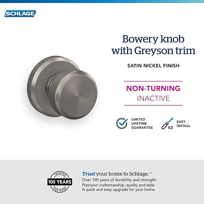 Schlage F170 BWE 619 GSN Bowery Door Knob with Greyson Trim, One Sided Non-Turning Dummy Door Handle, Satin Nickel