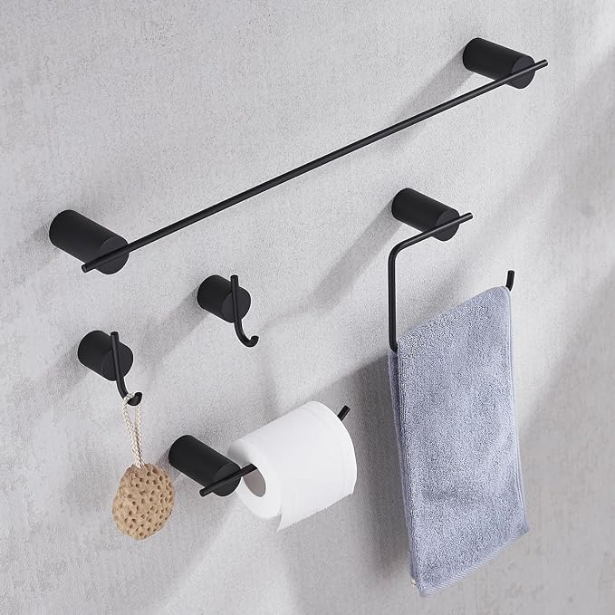 RANDOM Matte Black Bathroom Hardware Set 5 Pieces Include 24 inch Towel Bar Towel Ring Toilet Paper Holder Towel Hook for Bathroom,SUS304 Stainless Steel.RD96068S-5MB-2