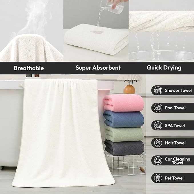 JML Bath Towels with Hanging Loop, 2 Pack, 27x55 in, Microfiber, White | Soft, Super Absorbent, Quick Dry, Lint-Free & Fade-Resistant, Lightweight Bathroom Towel for Daily Use