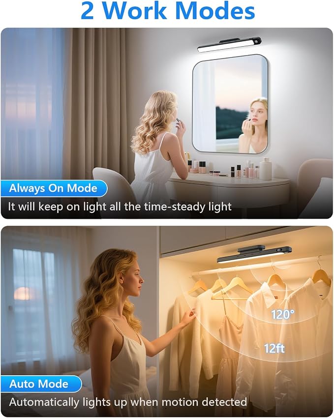 Ferswe 5W Motion Sensor Magnetic Light Bar, 2500mAh Rechargeable Under Cabinet Lighting with Battery Display, Eye-Friendly Mirror Lights, LED Light Bar for Cabinet, Closet, Bathroom and Desk