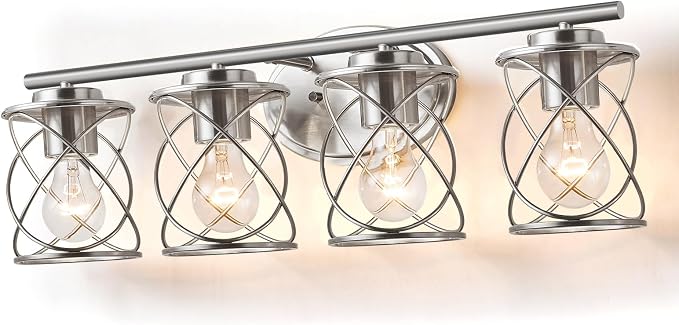 Bathroom Vanity Light Fixtures Over Mirror, 4 Lights Bathroom Vanity Lights, Brushed Nickel Vanity Light, Modern Bathroom Lights with Cage Shade, Bathroom Wall Lamp for Mirror Bedroom