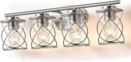 Bathroom Vanity Light Fixtures Over Mirror, 4 Lights Bathroom Vanity Lights, Brushed Nickel Vanity Light, Modern Bathroom Lights with Cage Shade, Bathroom Wall Lamp for Mirror Bedroom