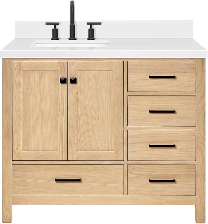 ARIEL 43 inch Bathroom Vanity top with Sink, 1.5 Inch Thick Miter Edge White Quartz top, Left Offset Vanity top with Rectangle Porcelain Sink, Includes Backsplash