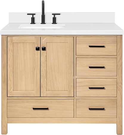 ARIEL 43 inch Bathroom Vanity top with Sink, 1.5 Inch Thick Miter Edge White Quartz top, Left Offset Vanity top with Rectangle Porcelain Sink, Includes Backsplash